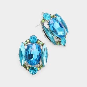 Aqua Blue Stud Emerald Cut Fashion Jewelry Crystal Earrings Evening Statement